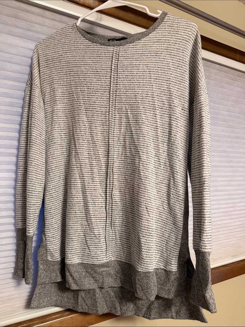 Gibson Gray and White Striped Crewneck Sweater